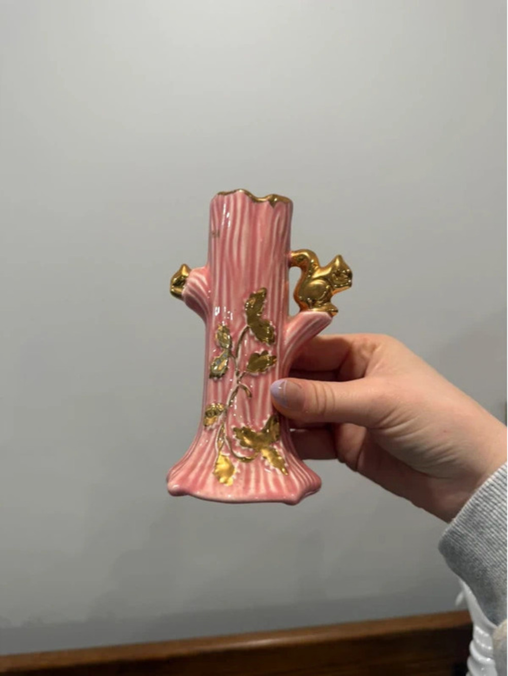 Vintage Philadelphia Pink Ceramic Tree Trunk Vase Gold Squirrels